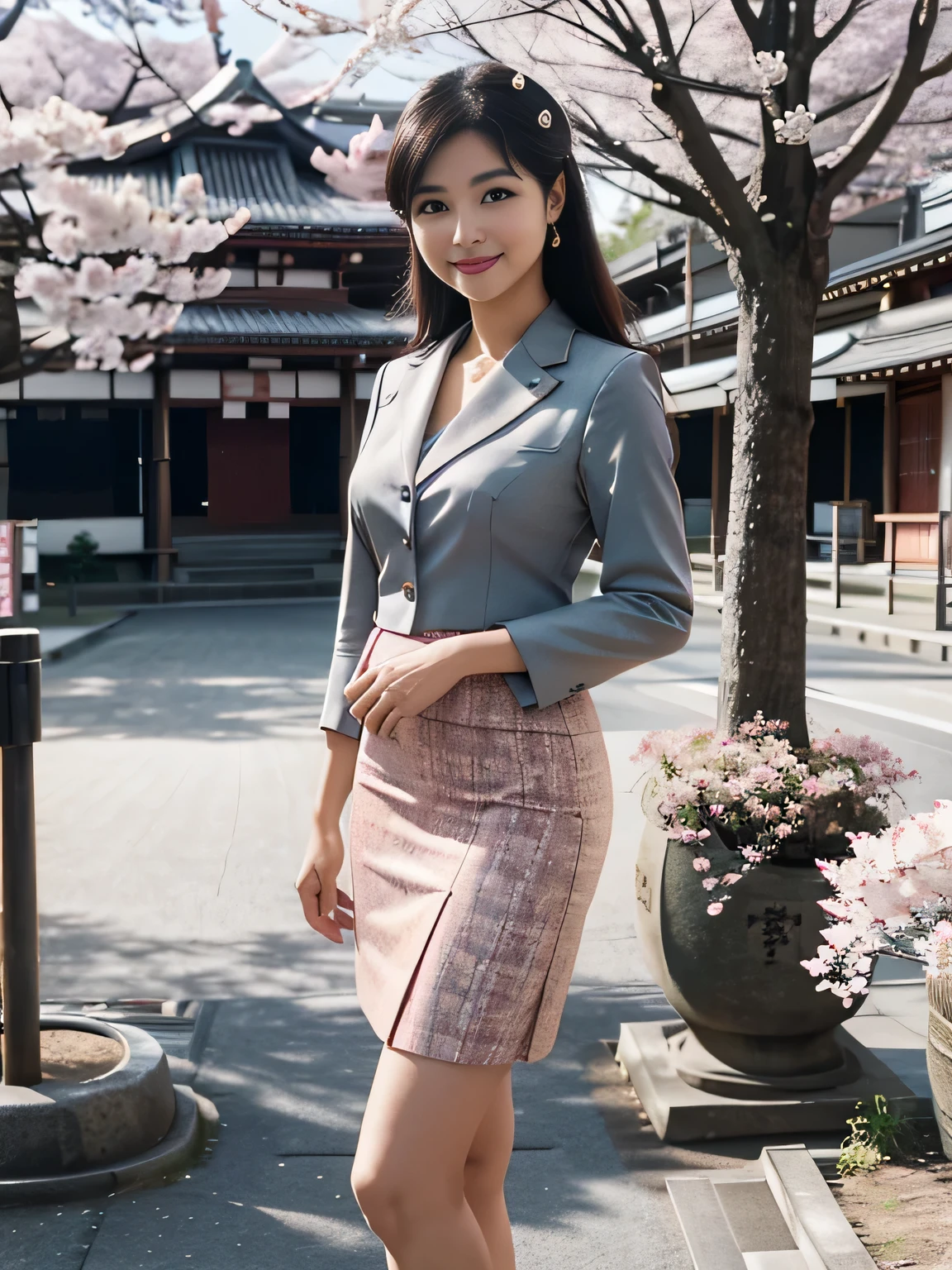 skirt,70s female,Retro Photography, 1960s , AGFA, Kodak, One girl, Lookwg_w_Audience, smile, Japan, Tokyo, Cherry Blossom, Octane Renderwg, 一人w, Very skwny,buswess suit,A neat image,Mature Woman