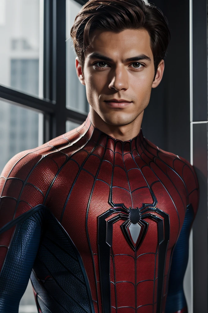 Photo of spider man, no mask, 20s, handsome, detailed face, looking at camera, Portrait, 8k uh, High quality