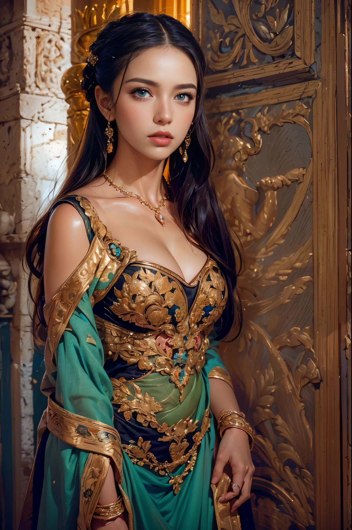 (Movie Premiere Poster 1.8), It depicts Lucia, Princess of the Ancient Roman Empire, intense blue eyes,long black hair, She was the daughter of the ancient Roman emperor Marcus Aurelius,Commodus's younger sister。After the death of her husband,She lives with her son。Long dark brown hair,Pair it with a delicate necklace,Delicate earrings,She ,Dress up in a gorgeous and sexy evening dress,Stand in the Colosseum,Be interviewed,,Photo taken in 2001,8K, High definition, Detailed face, Detailed eyes,Hyper-realistic, + cinema shot + Dynamic composition, Incredibly detailed, Sharpen, Cinematic, warm lights, Light effect, Dramaticlight, (Intricate details:1.1), the complex background, (greg rutkovsky:0.8), (Teal and orange:0.4),Correct anatomy,