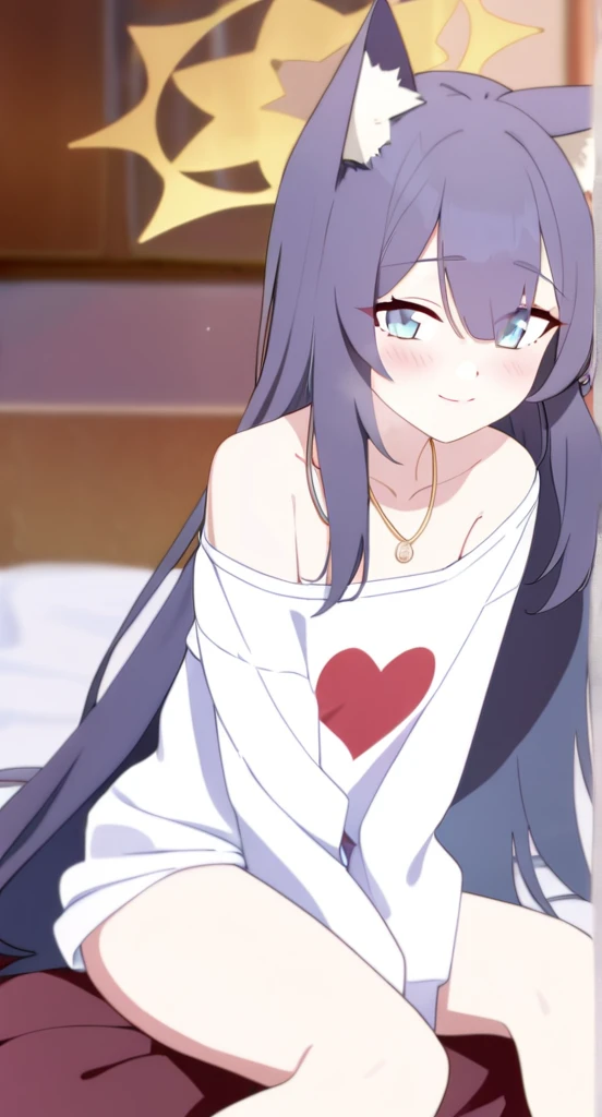 1girl
mari \(blue archive\)
bare legs, blue eyes, blush, fox ears, fox girl, from above, hair between eyes, halo, hand between legs, heart print, indoors, long hair, looking at viewer, looking up, necklace, off shoulder, on bed
newest, pillow, shirt, bare shoulders, smile, window, between legs, closed mouth, wariza, animal ear fluff, bed, solo, blue hair, depth of field, blurry, animal ears, blurry background, very long hair, jewelry, heart, sitting, print shirt, nude, undressing
 absurdres, highres, sensitive