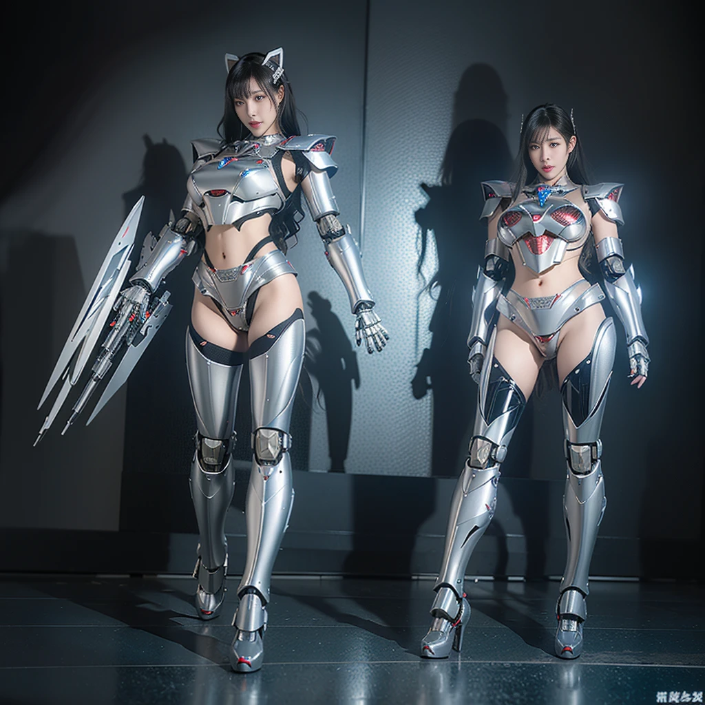 Super Detail, High Detail, high quality, best quality, High resolution,1 female robot,Beautiful female robot,beautiful clear face(Rain waves_haneame:1.5), Mechanical body(Smooth metal surface,silver armor,Mechanical seams of skin,beautiful body curves),Mechanical body structure,High-tech all over the body(mecha armor : 1.5),Streamlined mechanical armor (Relatively thick,Highlight breast curves),cat ear antenna hair accessories,Mechanical parts damage