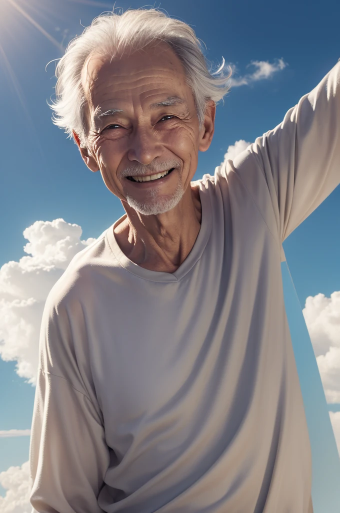 A thin elderly man with a halo on his head, Open arms, in the sky under the clouds, smiling like someone waiting for a hug from someone who is coming