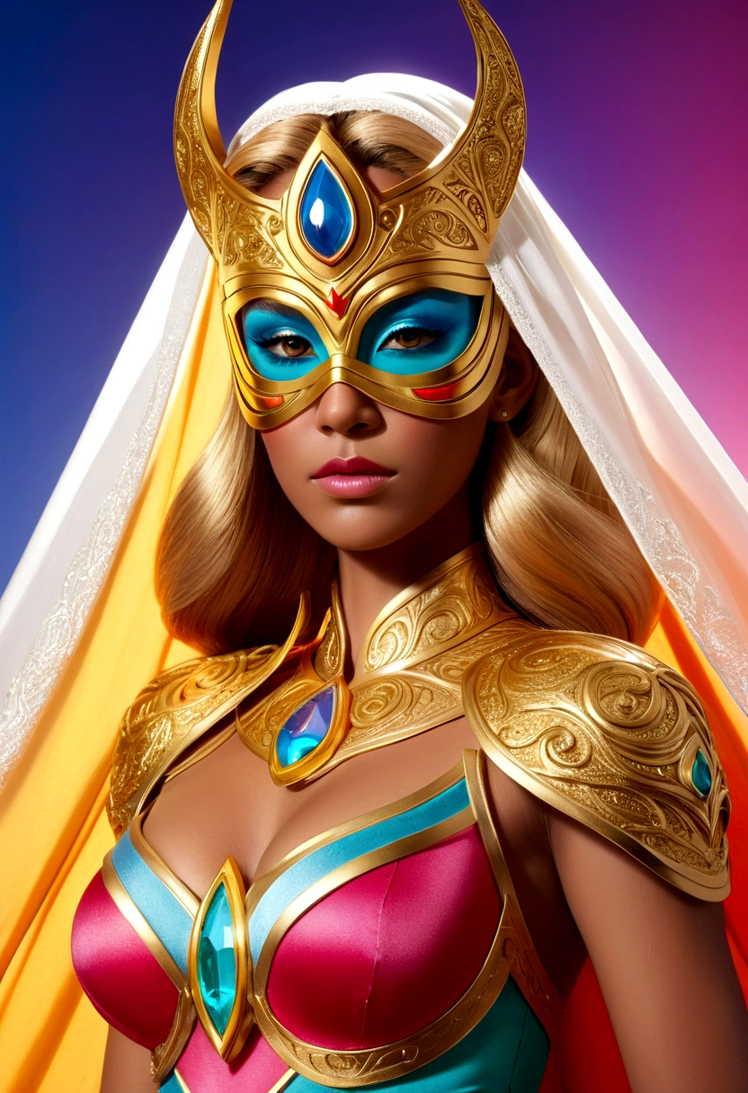 The masked man puts a veil covering the extraordinary princess She-Ra's entire face