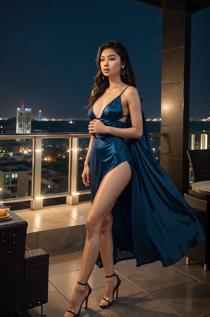 Full body high fashion, curly long hair, floating hair by the wind, extreme artistic, intricate poses, Incredible photorealistic high resolution camera pics in the style of gardenia of a luxury scenic at patio in rooftop with Jakarta city scape,view in the night and beautiful stylish decor night Life, realistic eyes, facial profile view, Head to toe, Full body, used high heels, used earrings, relaxed, at night Cinematic, ethereal, a young Asian who looks like
An idol, strong but elegant, sophisticated modeling beautiful blue clothes in the style of wealthy appearance, at night, nightlife, glamour colors, backlit, soft light, dim light, hair light, epic lighting, natural colors, glamourous atmosphere, romantic vibes