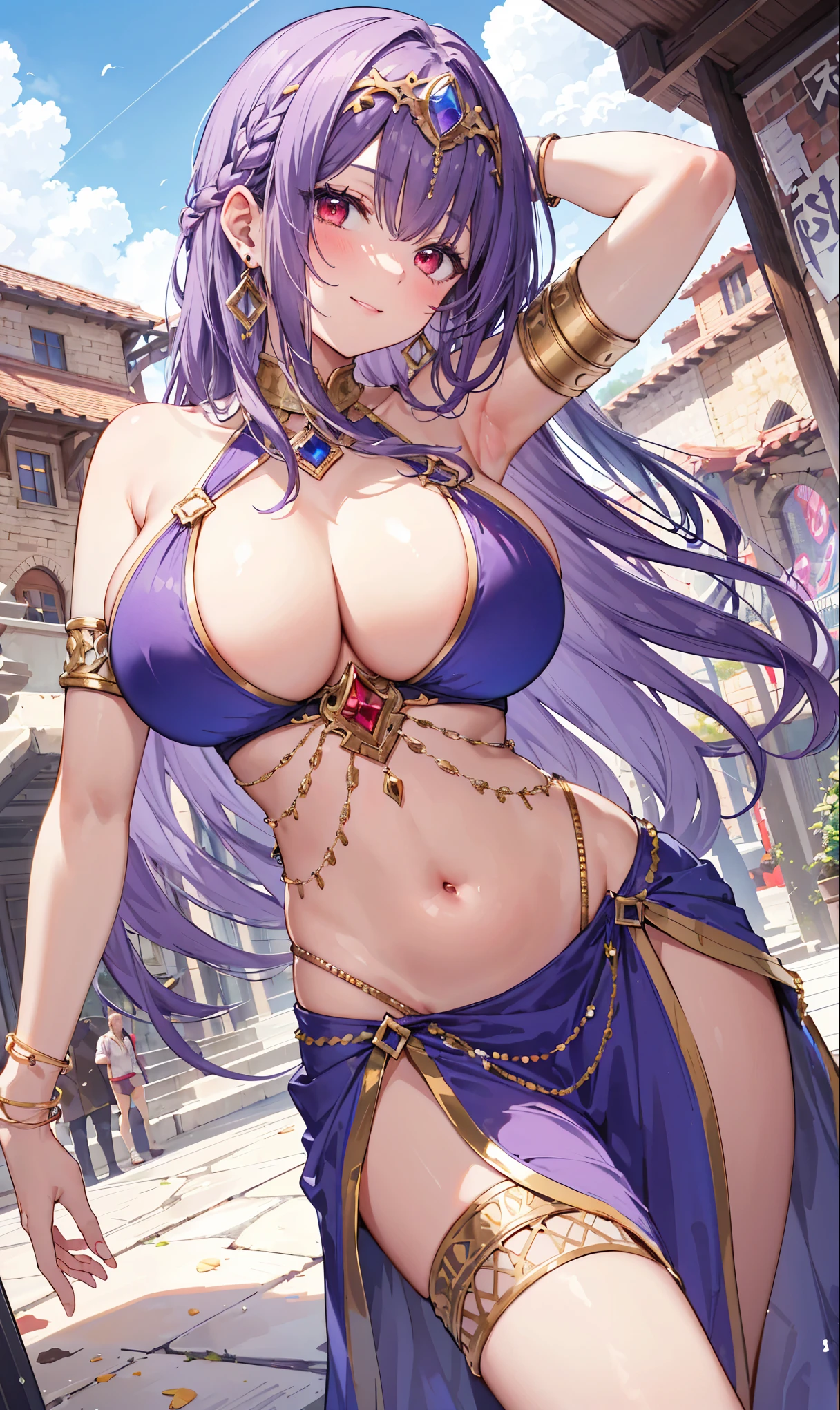 high quality, ultra detailed, best quality, insanely detailed, beautiful, masterpiece, 1girl, medieval plaza, cowboy shot, red eyes, long hair, purple hair, belly dancer, circlet, earrings, armlets, bracelets, bashful smile, large breasts, cleavage, soft stomach