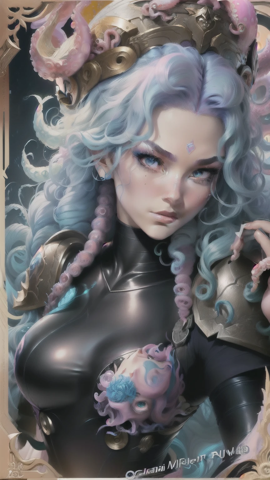 ((best quality)), ((masterpiece)), (detailed), woman with pink hair, (Artgerm inspired:1.2), (pixiv contest winner:1.1), (octopus goddess:1.3), (Berserk art style:1.2), close-up portrait, goddess skull, (Senna from League of Legends:1.1), (Tatsumaki with Blue curly hair:1.2), card game illustration, thick brush, HD anime wallpaper, (Akali from League of Legends:1.1), 8k resolution
