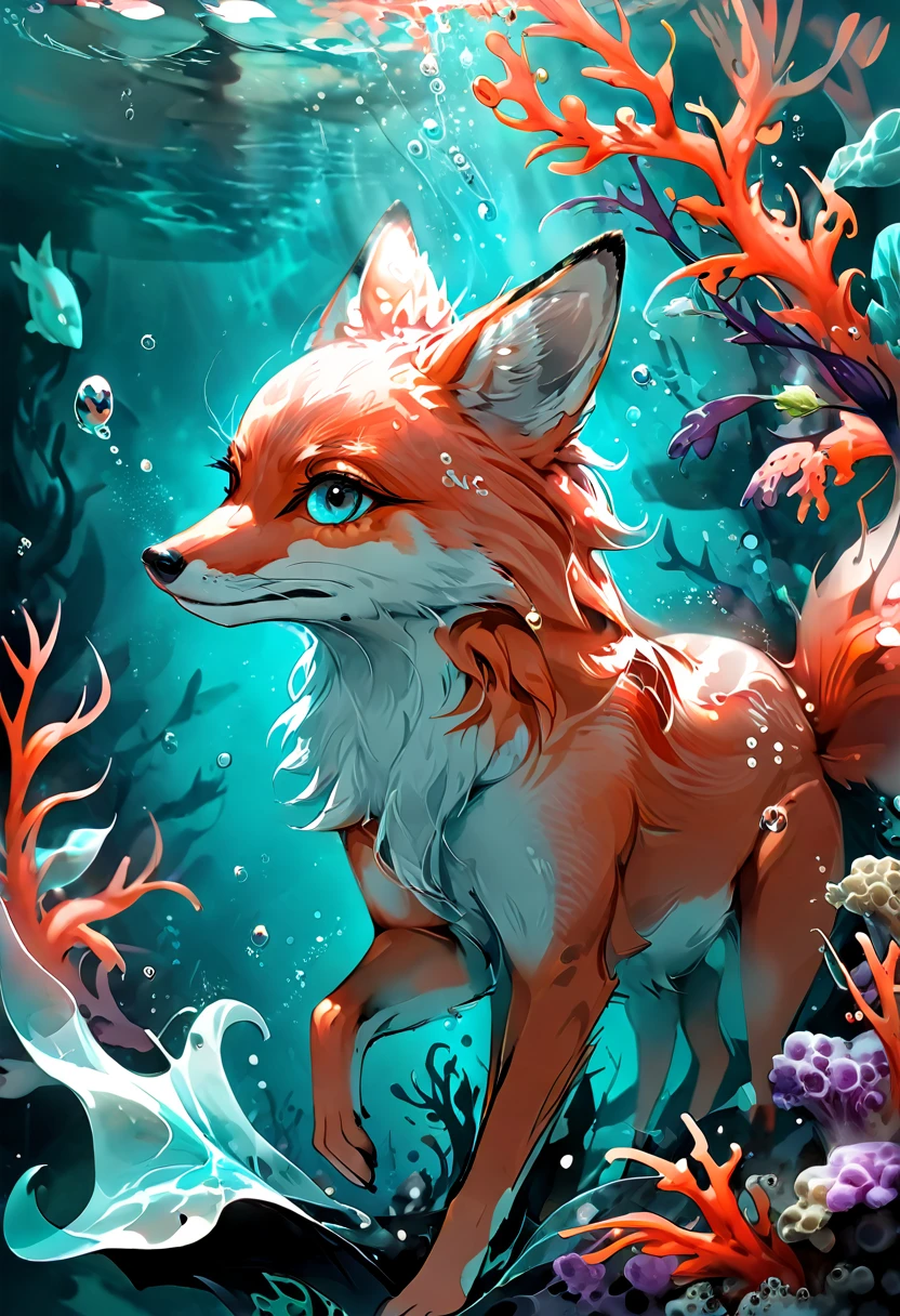 Illustration HD d un renard, avec des yeux intenses et brillants. La scène se déroule sur un fond chaotique de fumée Cyan et d'éclaboussures de Corail mêlant réalisme et éléments d'art abstrait.
QT avec votre art Corail et Cyan