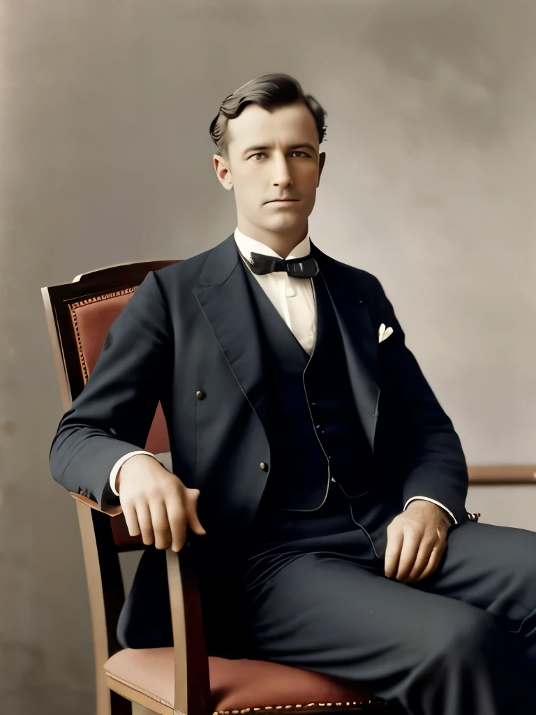 arafed photograph of a man in a suit and bow tie sitting on a chair, a colorized photo by August Sander, flickr, art nouveau, 1900’s photo”, taken in the mid-late 1800s, early 1 9 0 0's, 1900s picture, 1 9 0 0 s picture