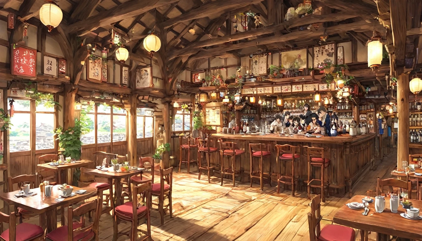 Detailed Characters, Ghibli-like animation, anime , Scenes of dwarves, adventurers and elves chatting together in a lively bar (anime style), images of a different world or a Western bar, a bright interior,pop style,