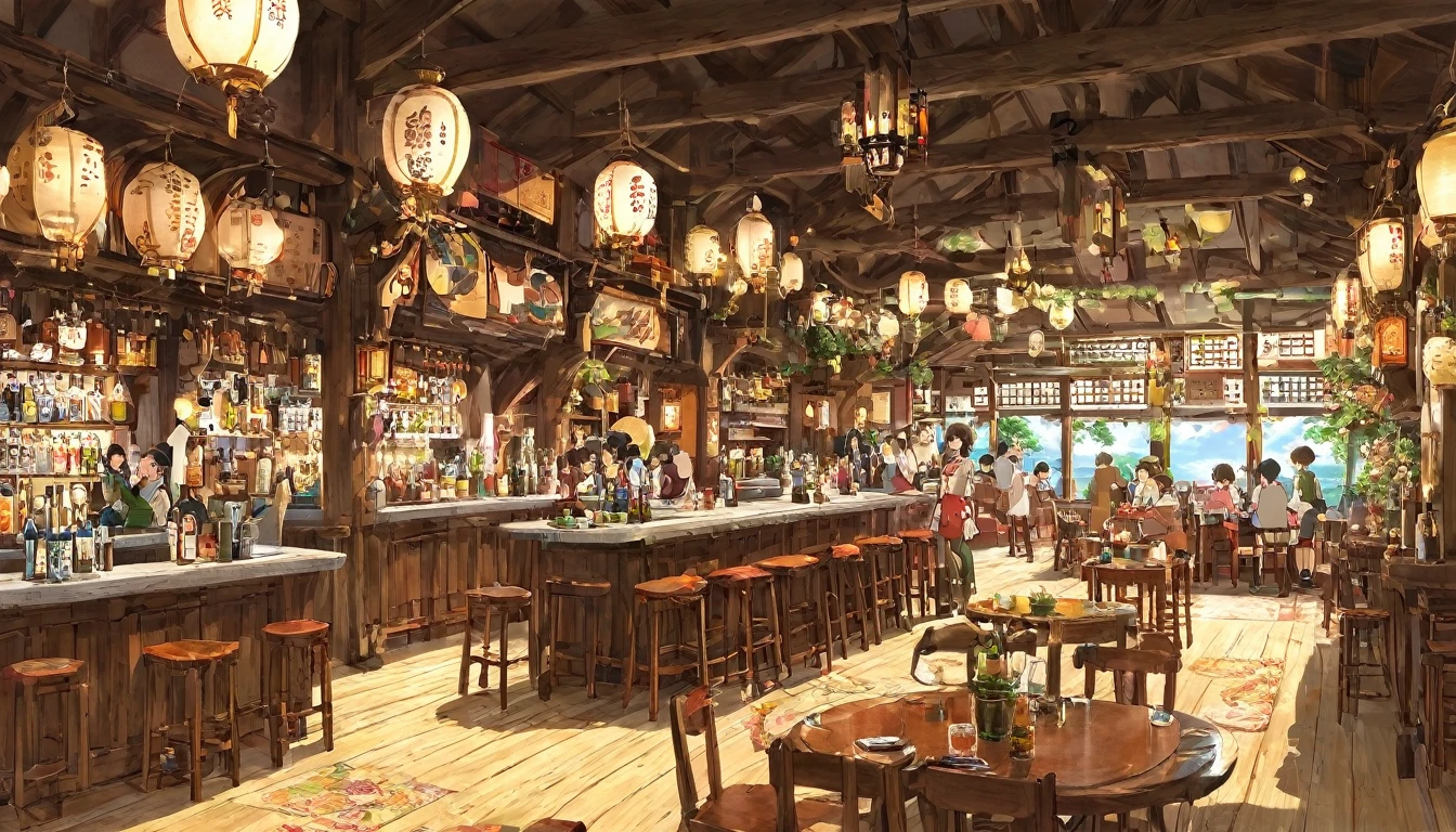 Detailed Characters, Ghibli-like animation, anime , Scenes of dwarves, adventurers and elves chatting together in a lively bar (anime style), images of a different world or a Western bar, a bright interior,pop style,
