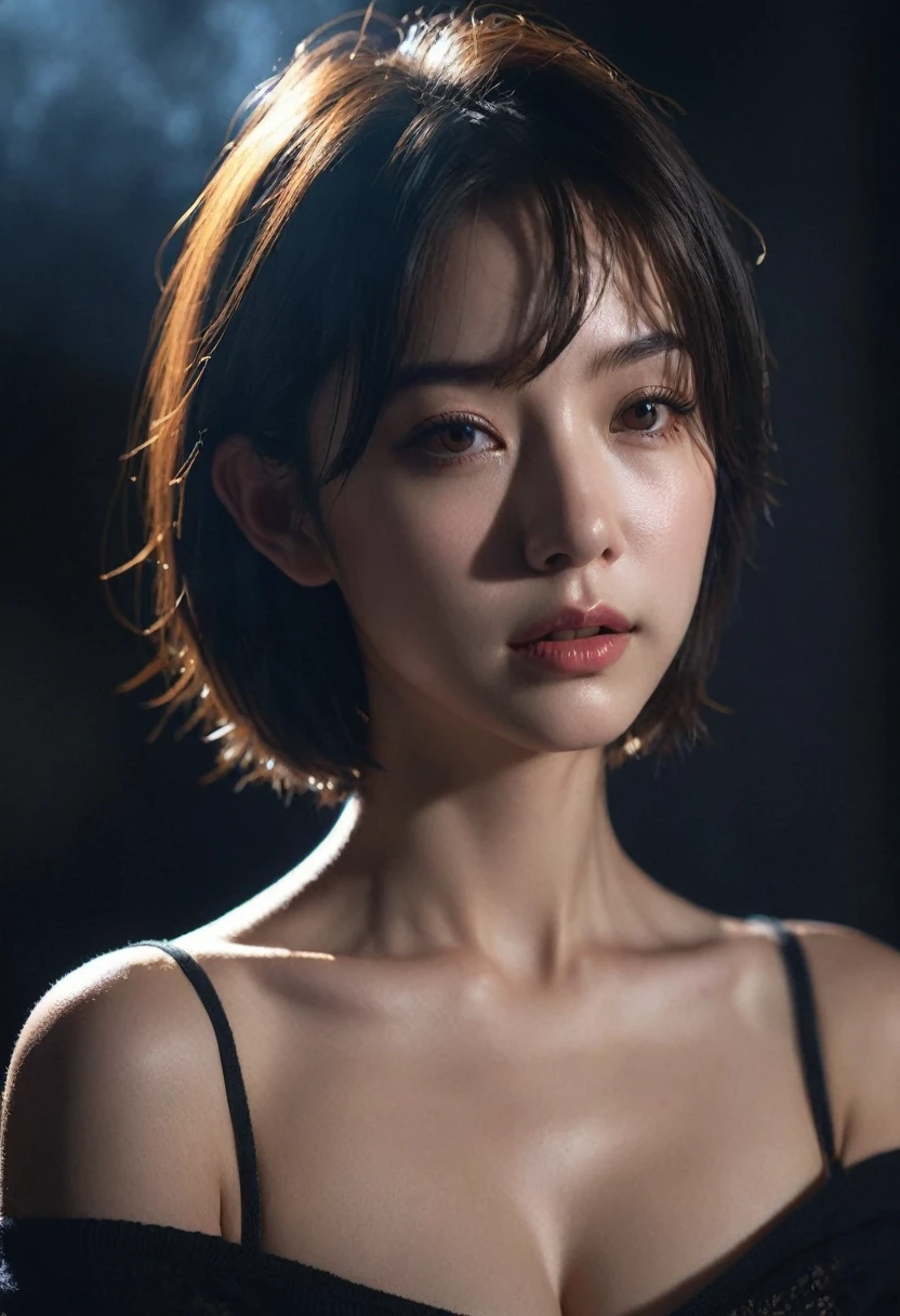 best quality, masterpiece, Ultra-high resolution, (Realistic:1.5), original photo, 1 girl, Off-shoulder, in the darkness, Deep shadows, Low profile, Cold Light, sexy look, short hair,Mix Girl,Yinglaite, Half-length photo,NSFW