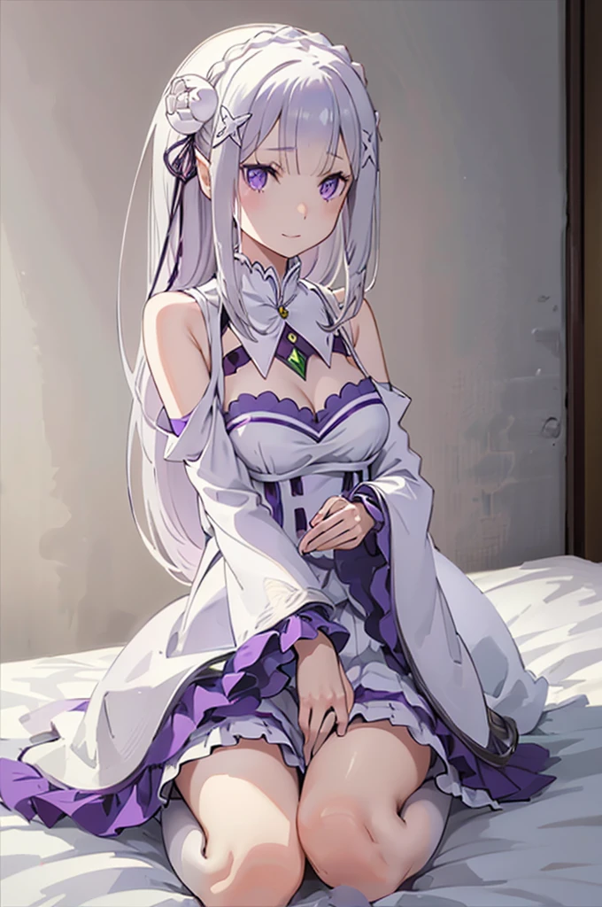 emilia, 
Rezero emilia, 
1girl, 
best illustration, masterpiece, best quality, high resolution, 
perfect anatomy, nice hands, perfect hands, BREAK long hair, low-tied long hair, braid, crown braid,
white hair, 
(purple eyes:1.2), (beautiful detailed eyes:1.6),
looking at viewer, 
pointy ears,
BREAK smile, 
dress, pink dress, BREAK bare shoulders, detached collar, long sleeves, shoulder cutout, wide sleeves, white sleeves, 
medium breasts, 
zettai ryouiki, 
flower, hair flower, hair ornament, hair ribbon,   white flower, x hair ornament,
cowboy shot ,
Kneeling pose,
shoot from above, 
perfect lighting,
background of indoor, on the house bed,