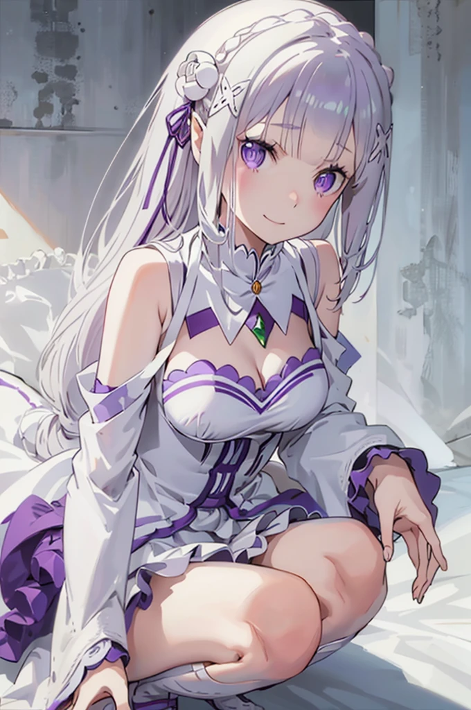emilia, 
Rezero emilia, 
1girl, 
best illustration, masterpiece, best quality, high resolution, 
perfect anatomy, nice hands, perfect hands, BREAK long hair, low-tied long hair, braid, crown braid,
white hair, 
(purple eyes:1.2), (beautiful detailed eyes:1.6),
looking at viewer, 
pointy ears,
BREAK smile, 
dress, pink dress, BREAK bare shoulders, detached collar, long sleeves, shoulder cutout, wide sleeves, white sleeves, 
medium breasts, 
zettai ryouiki, 
flower, hair flower, hair ornament, hair ribbon,   white flower, x hair ornament,
cowboy shot ,
Kneeling pose,
shoot from above, 
perfect lighting,
background of indoor, on the house bed,