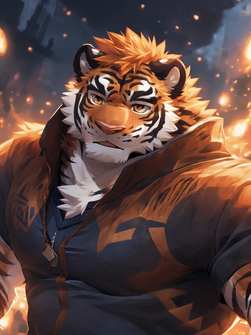 human nature, wild animals, male,18 years old, solitary, ((Round Face, The face is plump,Orange eyes,Thick Orange Hair,Scars)), ((Endomorph, Handsome,Hot Blood)), (Sportswear,Clothes Damaged), ((domestic tiger, tiger,) Fluffy fur, Fluffy), Bokeh, (high quality, high resolution, masterpiece), (Dynamic Lighting, Vibrant colors), (Revitalize,harm,Contempt), Full body pictures (close up), cartoon, author:Takemoto Arashi, From Zixiong, author:Chunni, author:Ethereal,(background:A city where it rains)