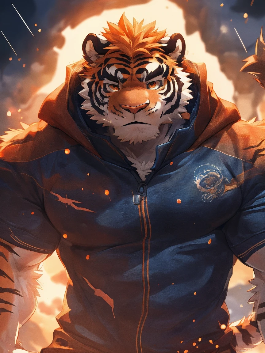 human nature, wild animals, male,18 years old, solitary, ((Round Face, The face is plump,Orange eyes,Thick Orange Hair,Scars)), ((Endomorph, Handsome,Hot Blood)), (Sportswear,Clothes Damaged), ((domestic tiger, tiger,) Fluffy fur, Fluffy), Bokeh, (high quality, high resolution, masterpiece), (Dynamic Lighting, Vibrant colors), (Revitalize,harm,Contempt), Full body pictures (close up), cartoon, author:Takemoto Arashi, From Zixiong, author:Chunni, author:Ethereal,(background:A city where it rains)