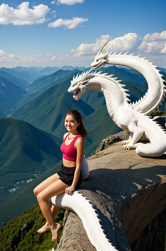 a girl sitting on the top of white dragon