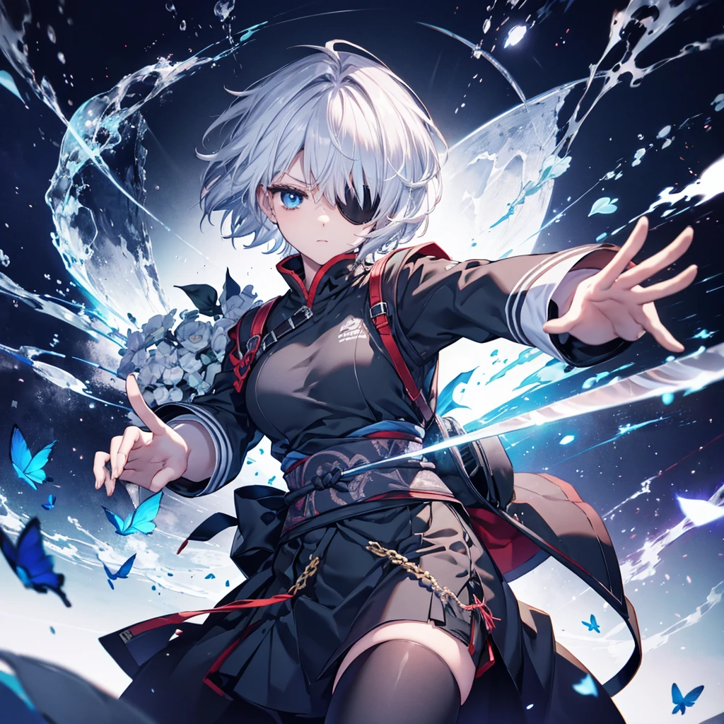 (((1 person put on an eyepatch Gray Hair Qinglong))) (((Jumping kick))) ((High resolution short hair shoulder Also々funny Face knifeを胸の前で構える)) ((Black Band Ninja Lonely despair blue eyes close)) ((Blue Butterfly night Japanese style old Shining Aura Jump Catch the wind Distorted Space)) (dance 日本knife knife Slashing) 月night moonlight star Shuriken Shining Background Shining Edges