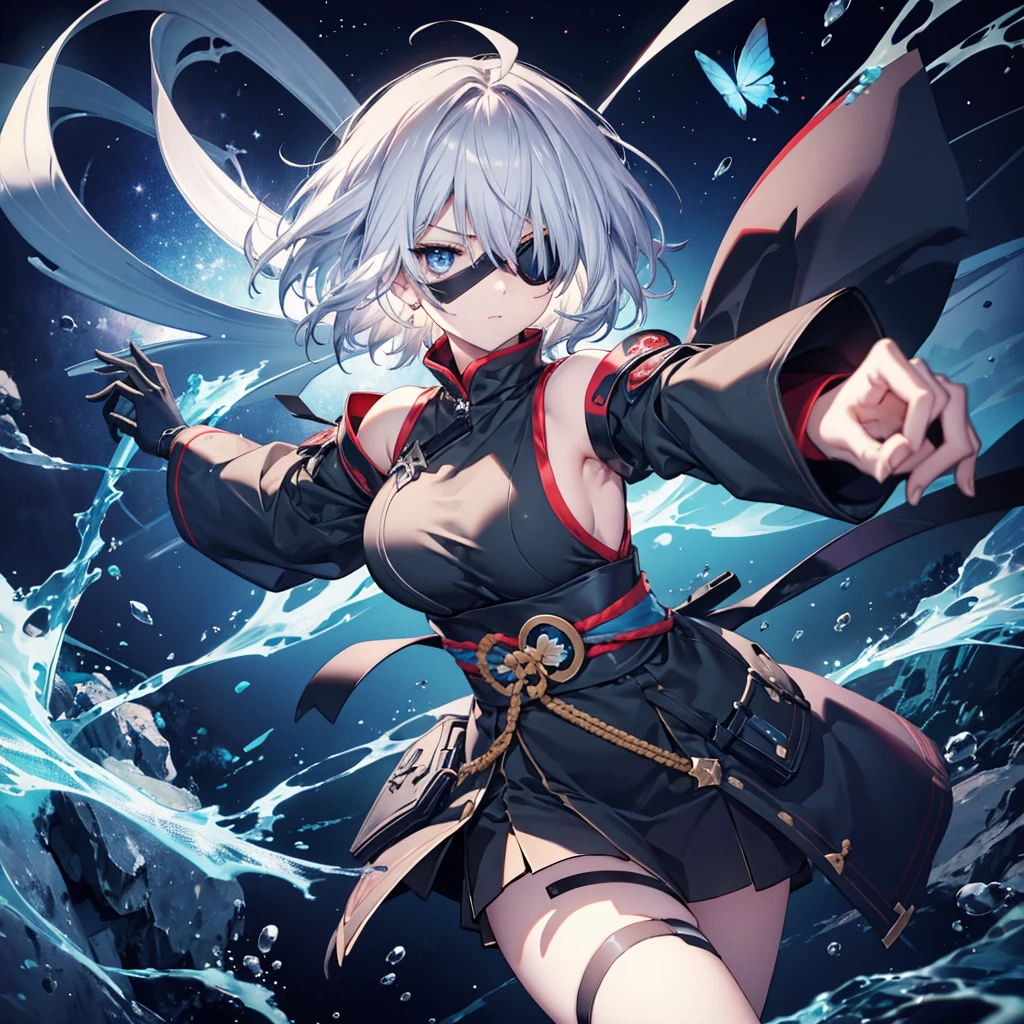 (((1 person　put on an eyepatch　Gray Hair　Qinglong)))　(((Jumping kick)))　((High resolution　short hair　shoulder　Also々funny Face　knifeを胸の前で構える))　((Black Band　Ninja　Lonely　despair　blue eyes　close))　((Blue Butterfly　night　Japanese style　old　Shining Aura　Jump　Catch the wind　Distorted Space))　(dance　日本knife　knife　Slashing)　月night　moonlight　star　Shuriken　Shining Background　Shining Edges