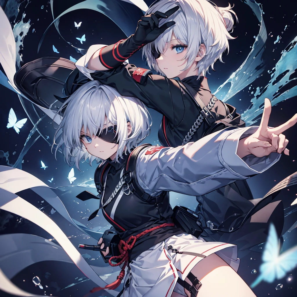(((1 person put on an eyepatch Gray Hair Qinglong))) (((Jumping kick))) ((High resolution short hair shoulder Also々funny Face knifeを胸の前で構える)) ((Black Band Ninja Lonely despair blue eyes close)) ((Blue Butterfly night Japanese style old Shining Aura Jump Catch the wind Distorted Space)) (dance 日本knife knife Slashing) 月night moonlight star Shuriken Shining Background Shining Edges