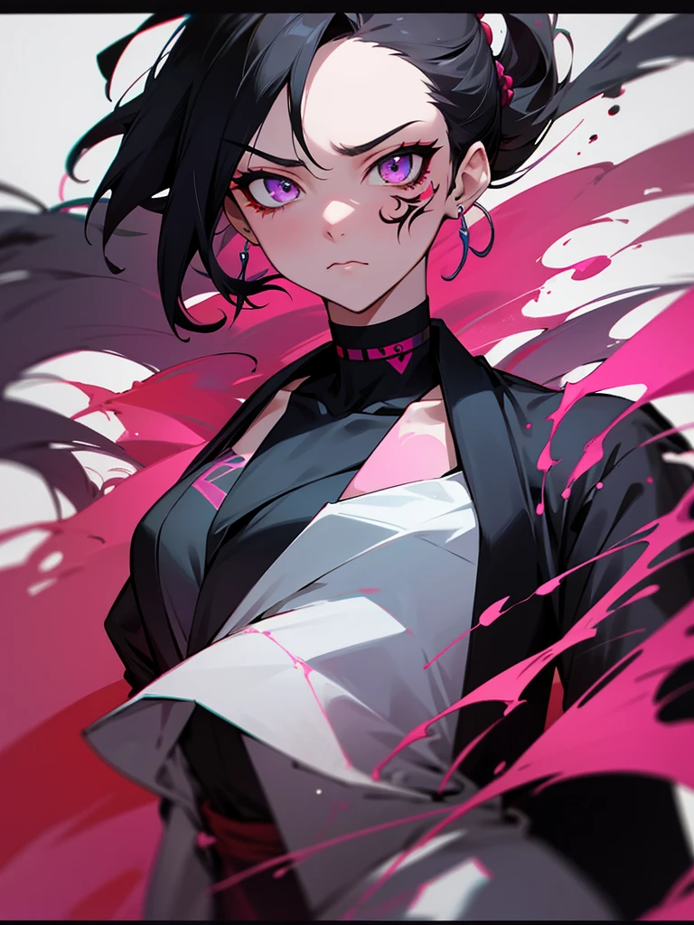 1 woman, wearing a stylish and edgy outfit, the color palette is mainly dark with splashes of vibrant colors, tailored white shirts, fashionable, woman, vibrant, outfit, colorful, accessory, majestic, sharp focus, modern, determined expression, closed one eye, disgusted face, embarrassed, Ink wash painting background, geometry tattoo, (cinematic), elaborate, kunoichi, katana, pose, collarbone,