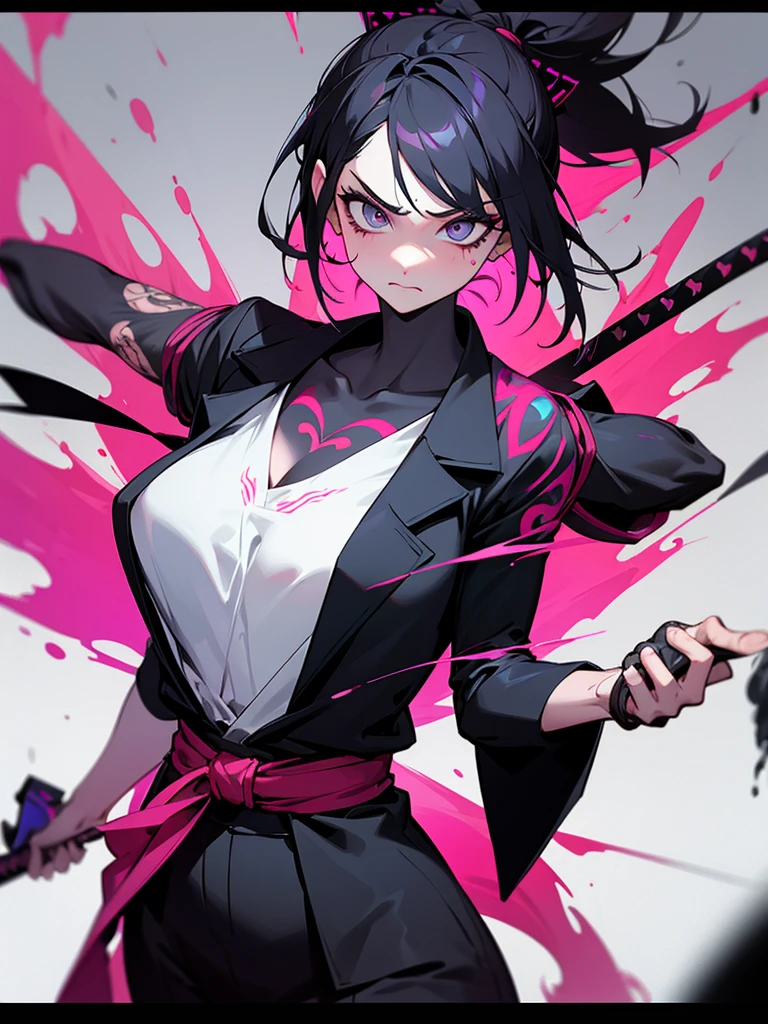 1 woman, wearing a stylish and edgy outfit, the color palette is mainly dark with splashes of vibrant colors, tailored white shirts, fashionable, woman, vibrant, outfit, colorful, accessory, majestic, sharp focus, modern, determined expression, closed one eye, disgusted face, embarrassed, Ink wash painting background, geometry tattoo, (cinematic), elaborate, kunoichi, katana, pose, collarbone,