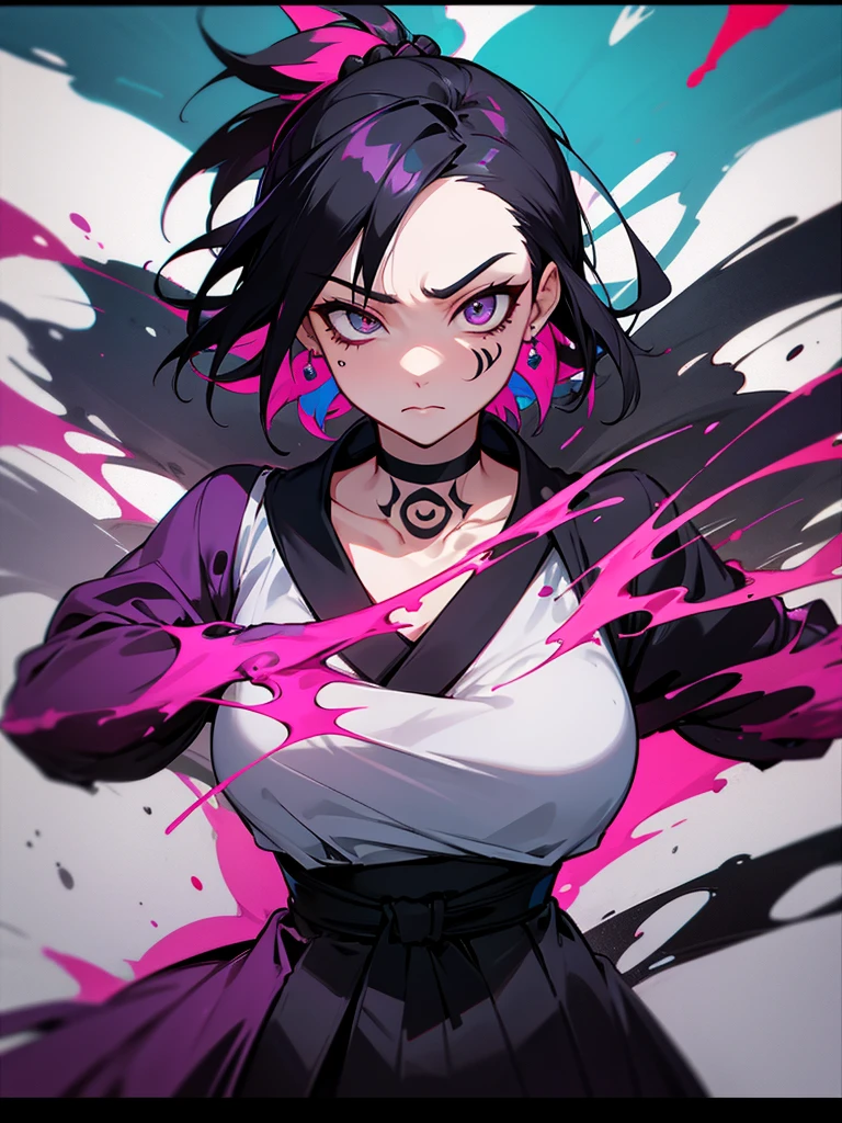 Juri Han,work of art, best qualityer, 1 girl, report, top cut, shorts jeans, choker, (graffit:1.does not splash, (hands behind the back), Against a Wall, looking a viewer, Um bracelete, thigh strap, Paint on the body, head tilt, bored, fiery hair color, Rainbow eyes,Juri Han,evil smile,Looking at Viewer, face detailed,glowing purple eyes

