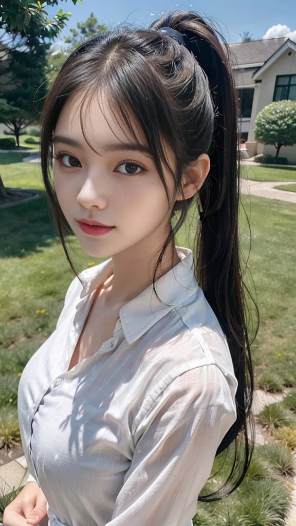 White collared shirt,jeans,Park,On the lawn,Close up face,One woman,masutepiece, The highest image quality, High quality, the background is clear,Beautiful woman, Japanese,Ultra-detailed, finely detail, hight resolution, 8K Wallpaper, Perfect dynamic composition, Beautiful detailed eyes , Detailed, Detailed eyes, Detailed skin, Beautiful skin, 超hight resolution, (reality: 1.4),Very beautiful woman, Slightly younger face, Beautiful skin, slender, (Ultra photo realsisim), (hight resolution), (8K), (Very detailed) (beautifully detailed eyes), (super detailed), (Detailed face), view the viewer, Fine details, Detailed face, Staring straight ahead, Staring straight ahead, photos realistic, Bright lighting, Professional Lighting, Black hair,poneyTail,a baby face,fourteen years old,Hairstyle: ponytail,Long ponytail hairstyle,slight smile,neat and tidy clothing,Beautiful Japanese KPOP idol photo, hair style is ponytail, my eyes are double and wide, baby face, smile and look straight ahead, slender, small breasts,Close up face,