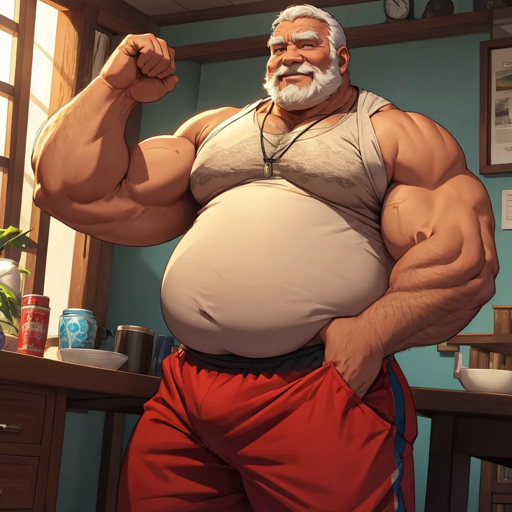 Proudly showing off his muscular arms、A large, overweight, elderly man