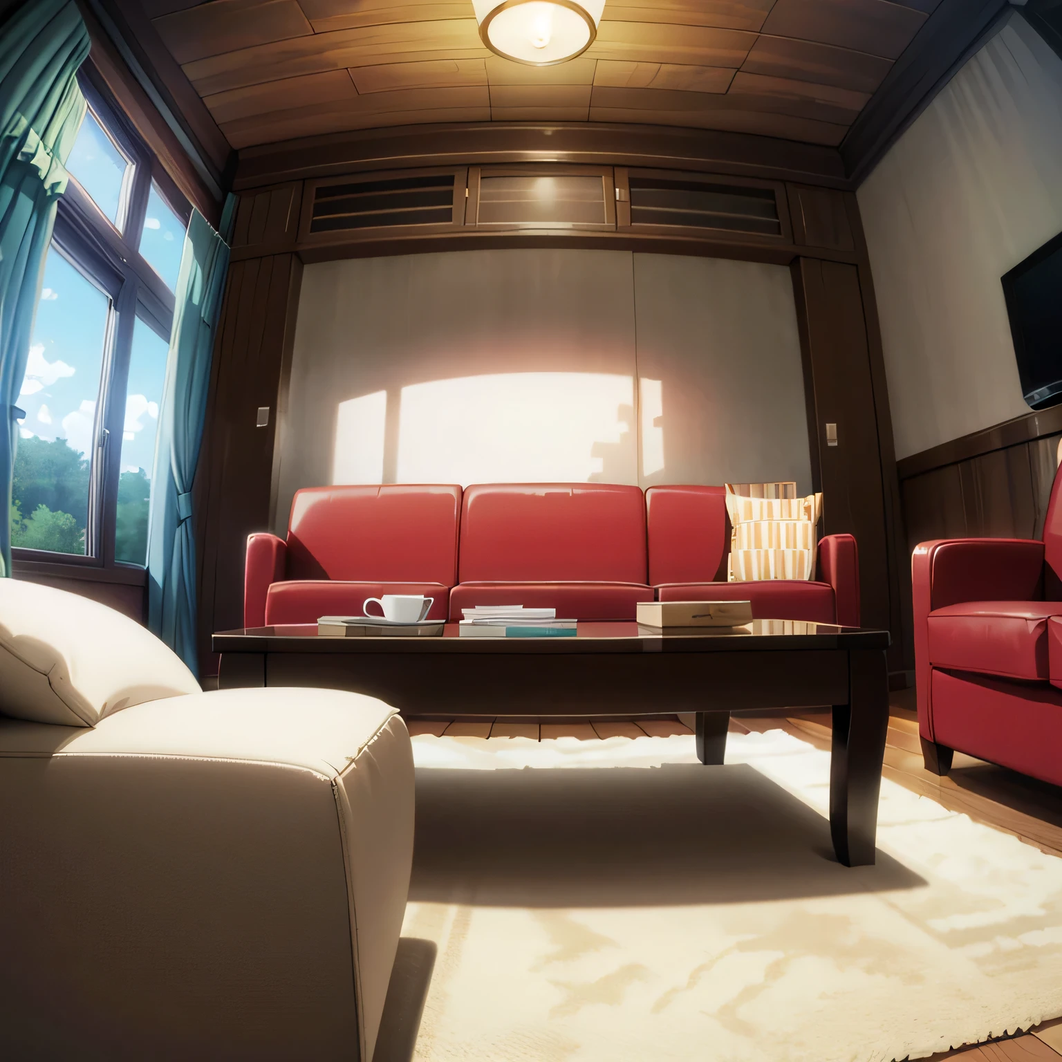 cozy living room in fish eye lens view