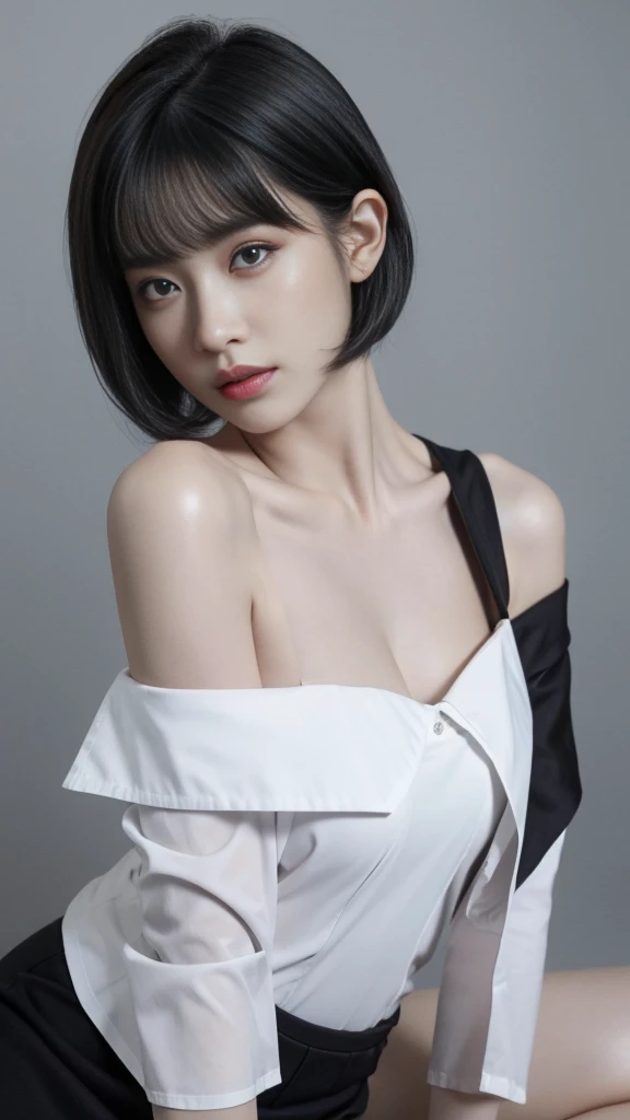 top quality、Ultra-high resolution、(Realism:1.4)、1 girl、off shoulder white shirt、black bodycon skirt、black collar、(faded gray hair:1)、bob cuts、Laziness、(Large chest:1.2)、Looking at the audience、close up、