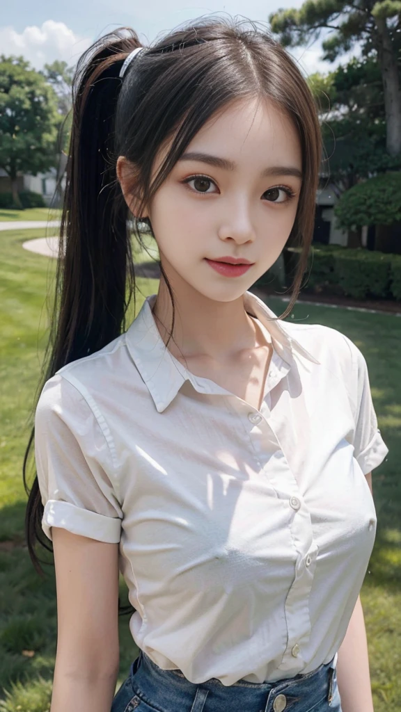 White collared shirt,jeans,Park,On the lawn,Close up face,One woman,masutepiece, The highest image quality, High quality, the background is clear,Beautiful woman, Japanese,Ultra-detailed, finely detail, hight resolution, 8K Wallpaper, Perfect dynamic composition, Beautiful detailed eyes , Detailed, Detailed eyes, Detailed skin, Beautiful skin, 超hight resolution, (reality: 1.4),Very beautiful woman, Slightly younger face, Beautiful skin, slender, (Ultra photo realsisim), (hight resolution), (8K), (Very detailed) (beautifully detailed eyes), (super detailed), (Detailed face), view the viewer, Fine details, Detailed face, Staring straight ahead, Staring straight ahead, photos realistic, Bright lighting, Professional Lighting, Black hair,poneyTail,a baby face,fourteen years old,Hairstyle: ponytail,Long ponytail hairstyle,slight smile,neat and tidy clothing,Beautiful Japanese KPOP idol photo, hair style is ponytail, my eyes are double and wide, baby face, smile and look straight ahead, slender, small breasts,Close up face,