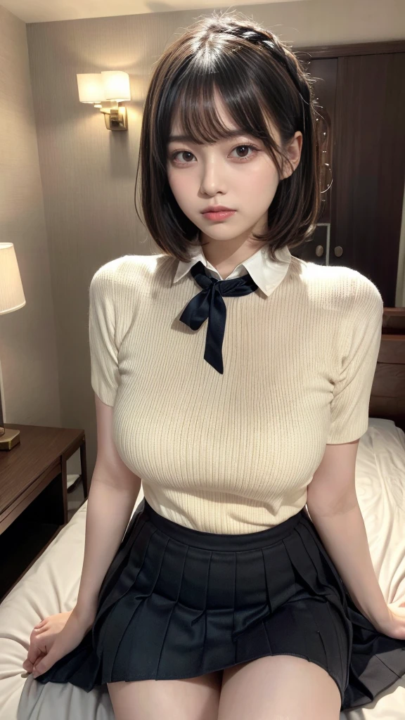 Masterpiece, highest quality, figure, Very detailed, Fine details, High resolution, 8k,wallpaper, Perfect dynamic composition,(Detailed high quality, Realistic depiction of eyes:1.3), (Collared knit shirt:1.1), Pleated skirt, Short Bob Hair、Black hair color, Big Natural Color Lip, Bold sexy pose, Crying a little、Cold Stare, Harajuku Style、Acrobatic pose, 20-year-old girl、Cute type、ta、Beautiful feet, Hotel Rooms, Idol Sculpture, Voluptuous thighs, Huge breasts