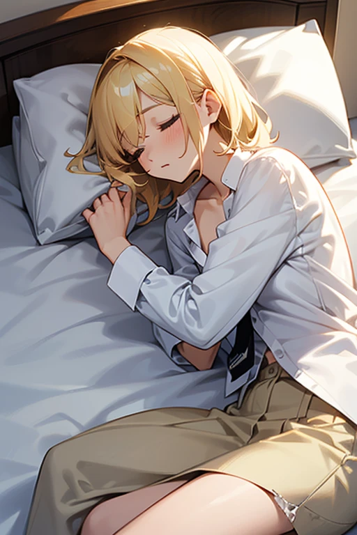 a beautiful blonde haired girl sleeping in a bed, wearing a white shirt with the sleeves rolled up, tie loosened, torn clothes, slender figure, beautiful collarbone