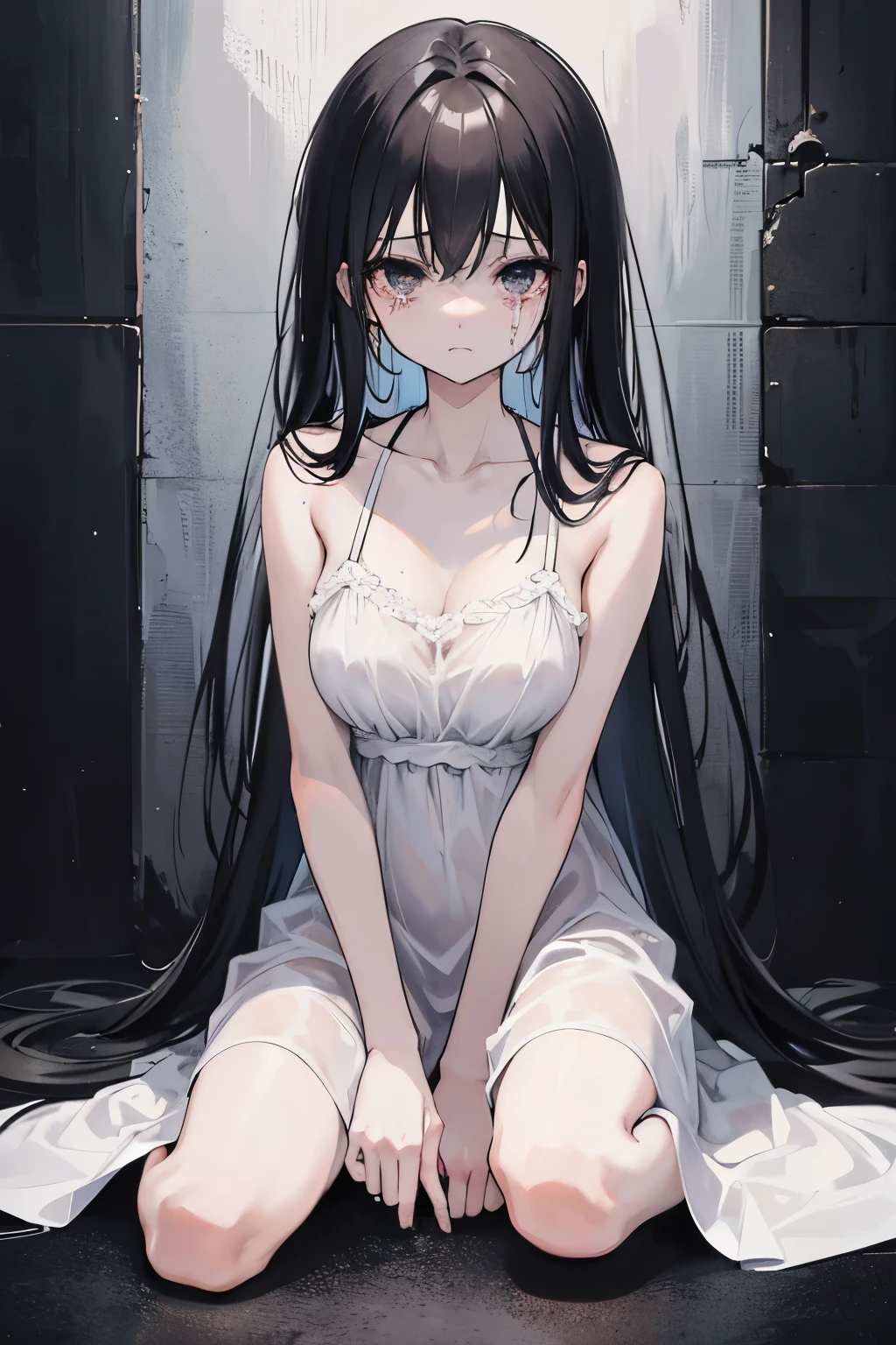 anime girl, angst, dark atmosphere, best quality, detailed face, scared look, crying, throwing up, long black hair, sitting on the ground, wearing a white nightgown with spaghetti straps, black eyes, very skinny