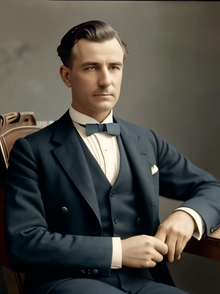 arafed photograph of a man in a suit and bow tie sitting on a chair, a colorized photo by August Sander, flickr, art nouveau, 1900’s photo”, taken in the mid-late 1800s, early 1 9 0 0's, 1900s picture, 1 9 0 0 s picture