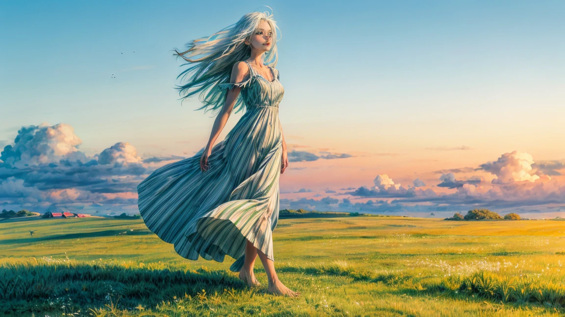 On the grassland that stretches into the distance A girl is walking, long white hair, she wear red long dress, Barefoot and empty-handed, she just walks
break, The green grassland continues, The wind sways the grass like ocean waves, The grassland is green and soft, white metalic, sparking, moon, blue sky, white cloud, wind, 8k,