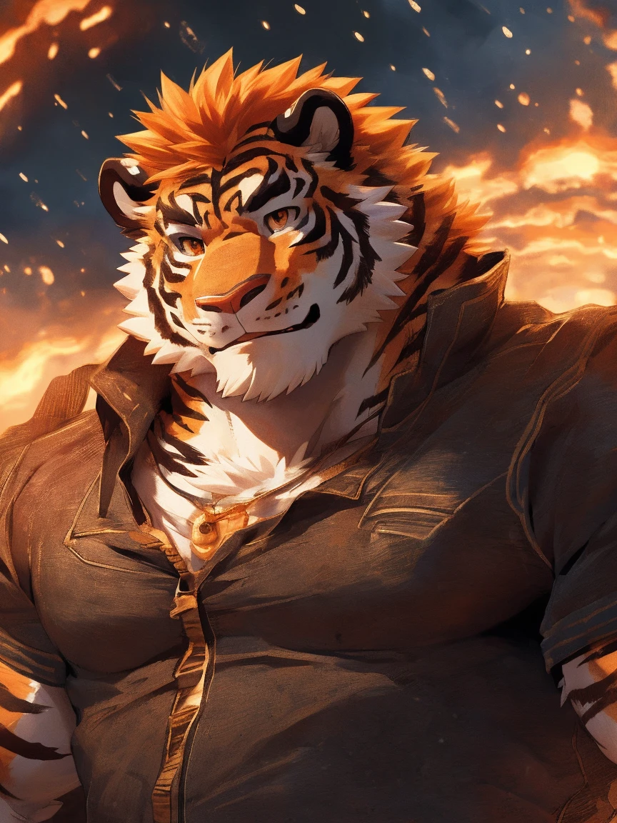 human nature, wild animals, male,18 years old， solitary, ((Round Face, The face is plump,Orange eyes,Thick Orange Hair，Scars)), ((Endomorph, Handsome，Hot Blood)), (Sportswear，Clothes Damaged), ((domestic tiger, tiger，) Fluffy fur, Fluffy), Bokeh, (high quality, high resolution, masterpiece), (Dynamic Lighting, Vibrant colors), (Revitalize，harm，Contempt), Full body pictures (close up), cartoon, author：Takemoto Arashi, From Zixiong, author：Chunni, author：Ethereal，（background：A city where it rains）
