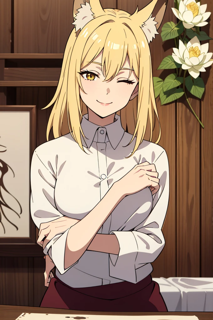 1woman, 30 years old,solo, medium hair,disheveled hair,messy hair,fox ears,blonde hair, yellow eyes, upper body, white shirt, red lipstick, breasts, looking at viewer, seductive smile, one eye closed, hand on own chin , laboratory, light silk, lazy posture, large lotus leaf, lotus, ink painting style, clean color, decisive cutting, blank, freehand