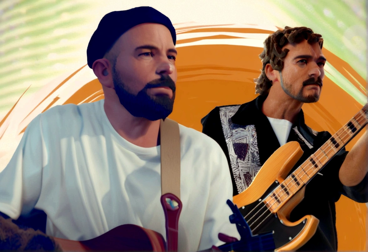 Cartoon character of two people playing musical instruments. The first person is on the left, wearing a black hat and a white t-shirt, Playing an acoustic guitar. He has a full beard and is focused on music. The second person is on the right, wearing a black shirt with a detailed black and white pattern, playing an electric bass. He has curly hair and is looking straight ahead with a serious expression.. The background should be artistic and abstract, with vivid colors, including orange, and geometric patterns that complement the musical scene, stylized character, animation style rendering, 3d stylized, Arnold Maya rendering, Stylized 3D rendering, toon render screenshot, 3d character, 3d character, Stylized 3D rendering, 3D character rendering, cartoon character, Personagem de close up, character posing, (Pixar-style) (master part:1.2) (bokeh) (best qualityer) (skin detailed) (detailed texture) (8K) (Argilla) (cinematic lighting) (sharp focus,Sit down and lift your upper body