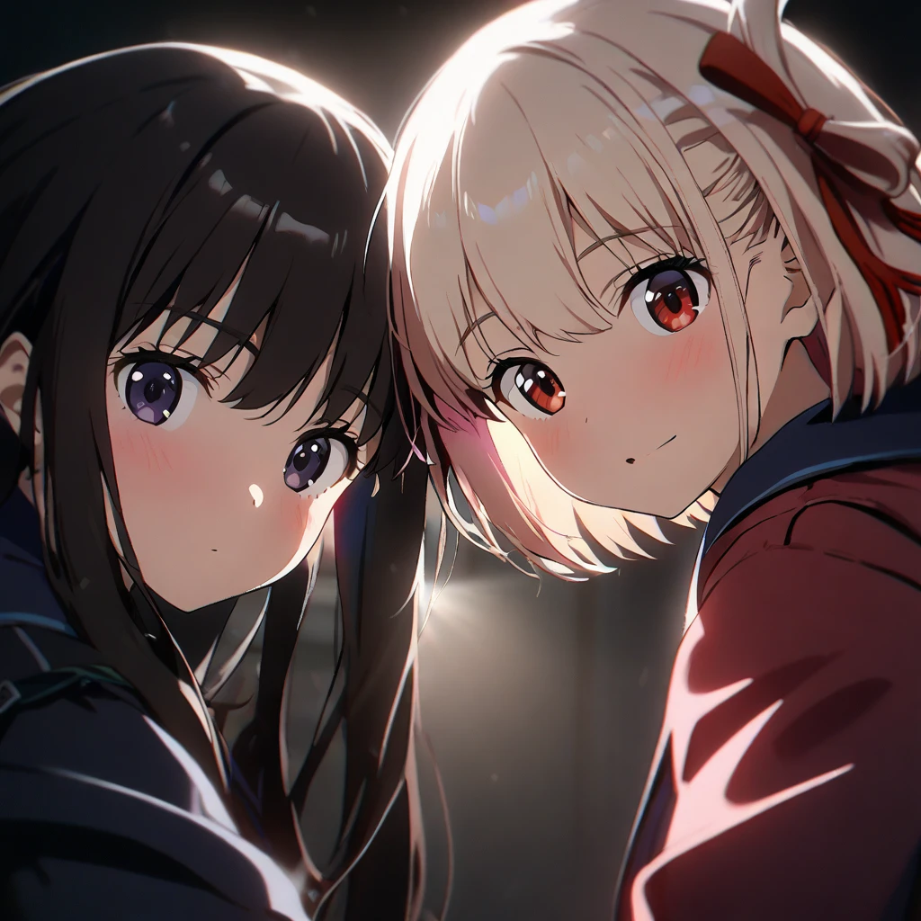 (2girls, 1 girl is inoue takina, 1 girl is nishikigi Chisato, ), (cinematic lighting), (( ffm threesome, )), (looking at viewer),