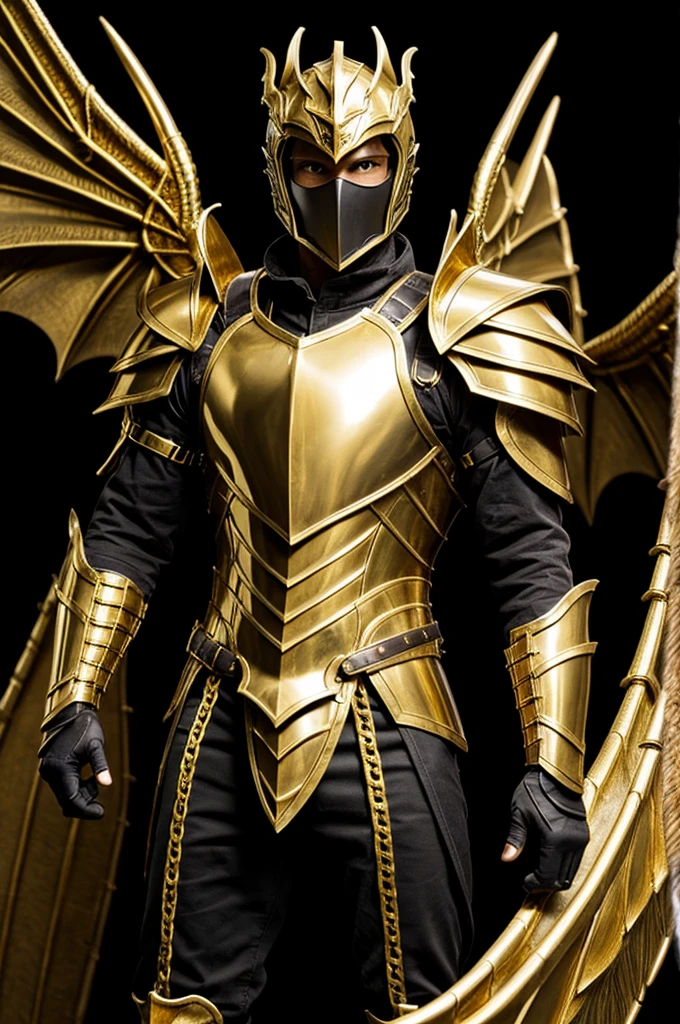 Man in gold plated armor with black wing with a black dragon