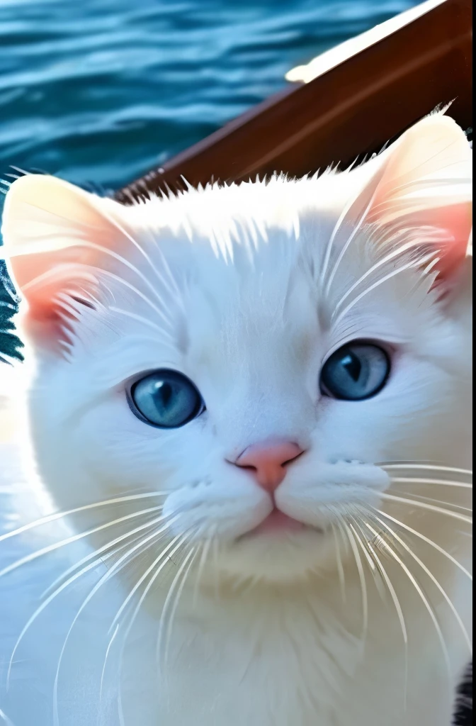 there is a white cat that is riding on a boat, cute otter, the cutest creature of the world, the cutest creature in the world, adorable appearance!!!, !! looking at the camera!!, cute and adorable, adorable and cute, looking at camera!!!, with cute doting eyes, cute little creature, curious expression, cute animal, adorably cute