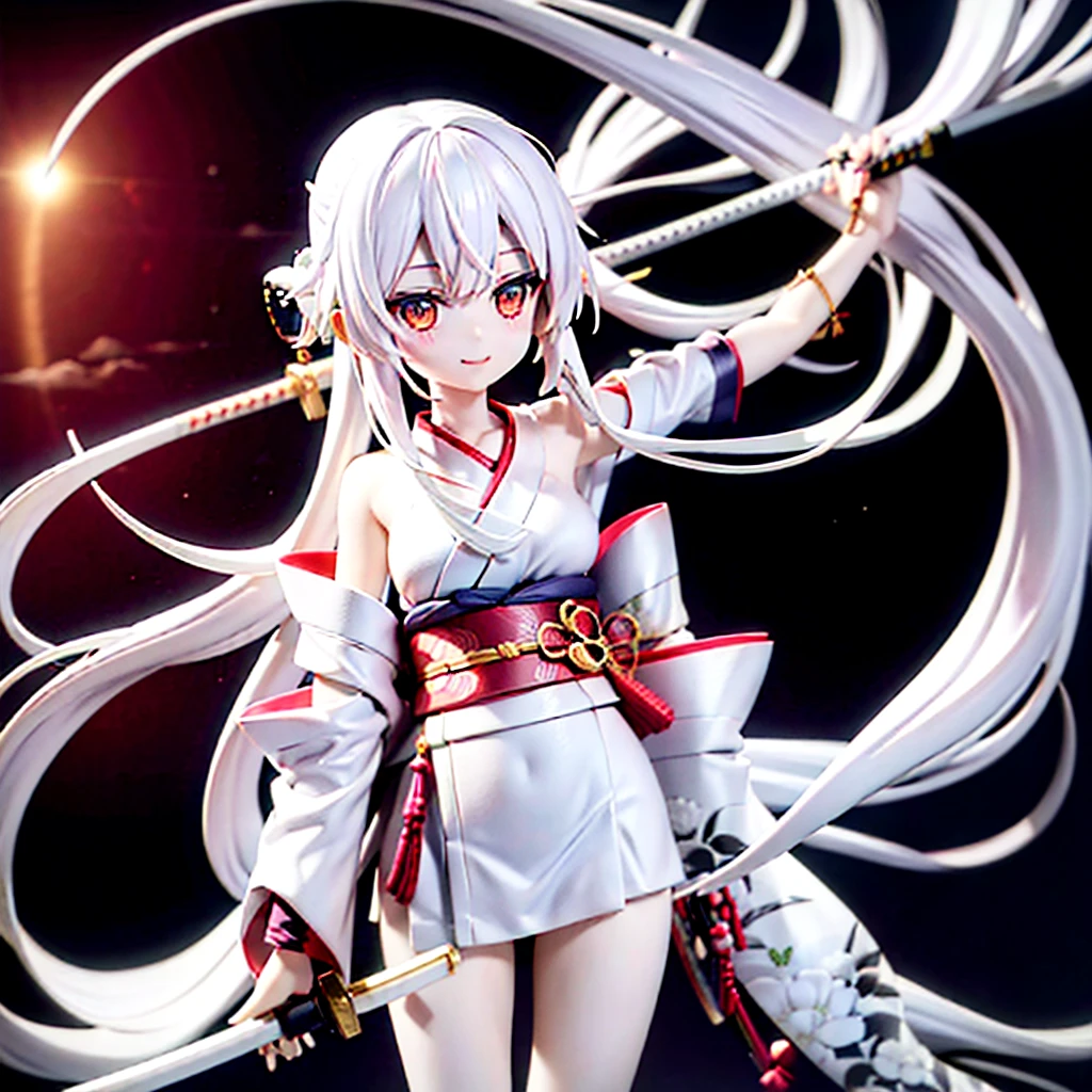 Anime girl, Long white hair, pale skin, white eyes, long white kimono, katana in hand, smiling