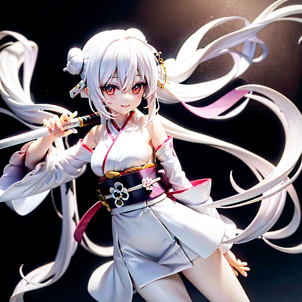 Anime girl, Long white hair, pale skin, white eyes, long white kimono, katana in hand, smiling