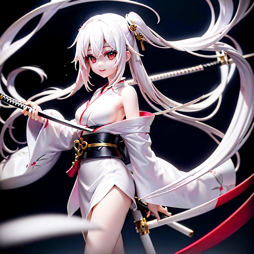 Anime girl, Long white hair, pale skin, white eyes, long white kimono, katana in hand, smiling