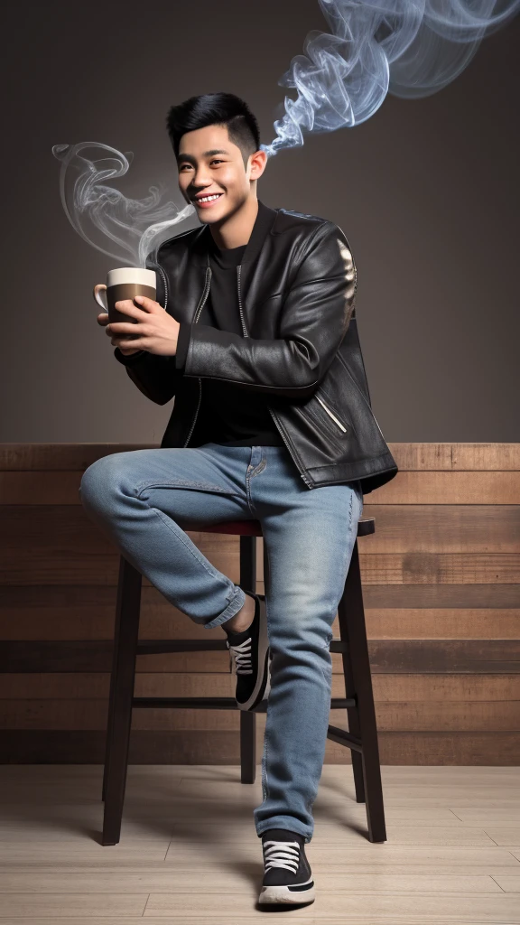 Realist 3D caricature, a young man, Indonesian face, wearing a black jacket, wearing jeans, wearing sneakers, sitting on a wooden chair, smiling, while carrying a cup of warm coffee, smoke effect, black rustic photography background, UHD, Hasselblad X1D II 50c Camera, iso 200