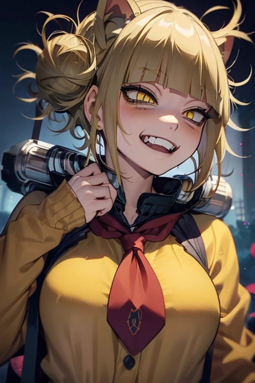 (himiko toga),+,(Boku no hero academia characters),(girl1), (yellow eyes, cat pupils, and short blonde hair with pulps and cat canines) 