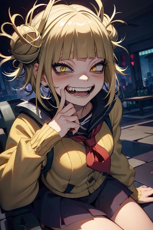 (himiko toga),+,(Boku no hero academia characters),(girl1), (yellow eyes, cat pupils, and short blonde hair with pulps and cat canines) 