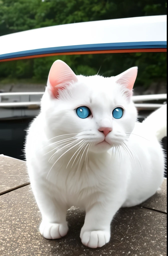 there is a white cat that is riding on a boat, a picture by Niko Henrichon, reddit, happening, cute otter, the cutest creature of the world, the cutest creature in the world, adorable appearance!!!, !! looking at the camera!!, cute and adorable, adorable and cute, looking at camera!!!, cute little creature, with cute doting eyes