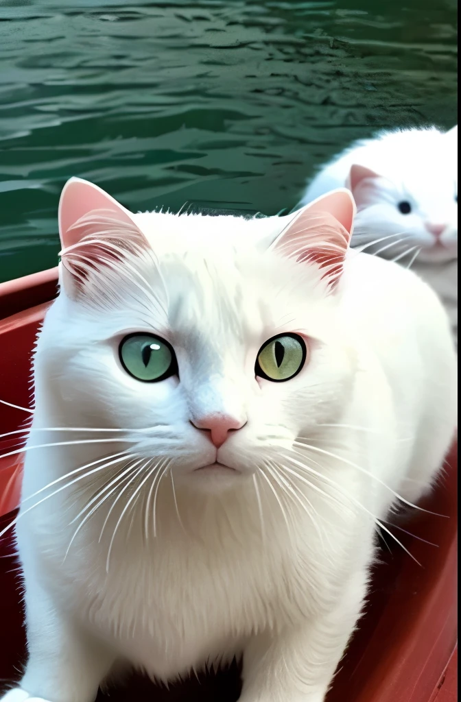 there is a white cat that is riding on a boat, a picture by Niko Henrichon, reddit, happening, cute otter, the cutest creature of the world, the cutest creature in the world, adorable appearance!!!, !! looking at the camera!!, cute and adorable, adorable and cute, looking at camera!!!, cute little creature, with cute doting eyes